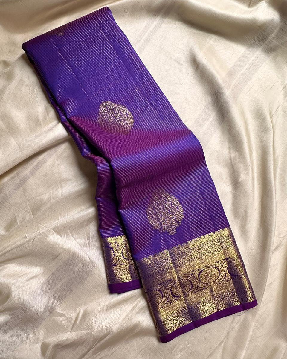 Ayushi – Purple Banarasi Soft Silk Saree with Gold Zari Butti &amp; Heritage Border
