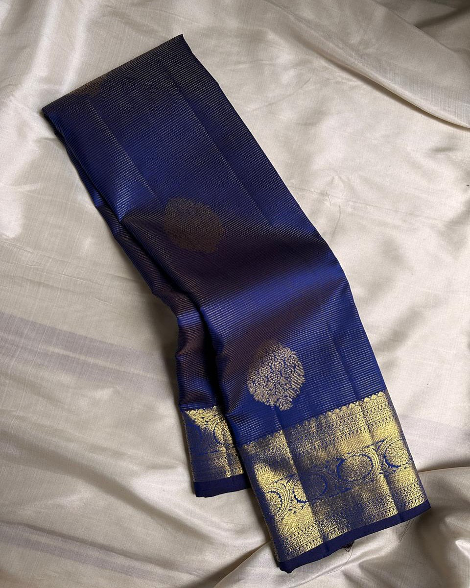 Ayushi – Royal Blue Banarasi Soft Silk Saree with Gold Zari Butti &amp; Classic Border