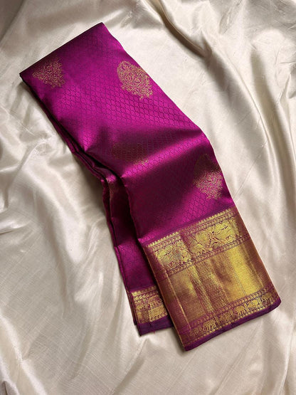 Dakshayani – Rani Pink Banarasi Soft Silk Saree with Gold Zari Butti &amp; Temple Border