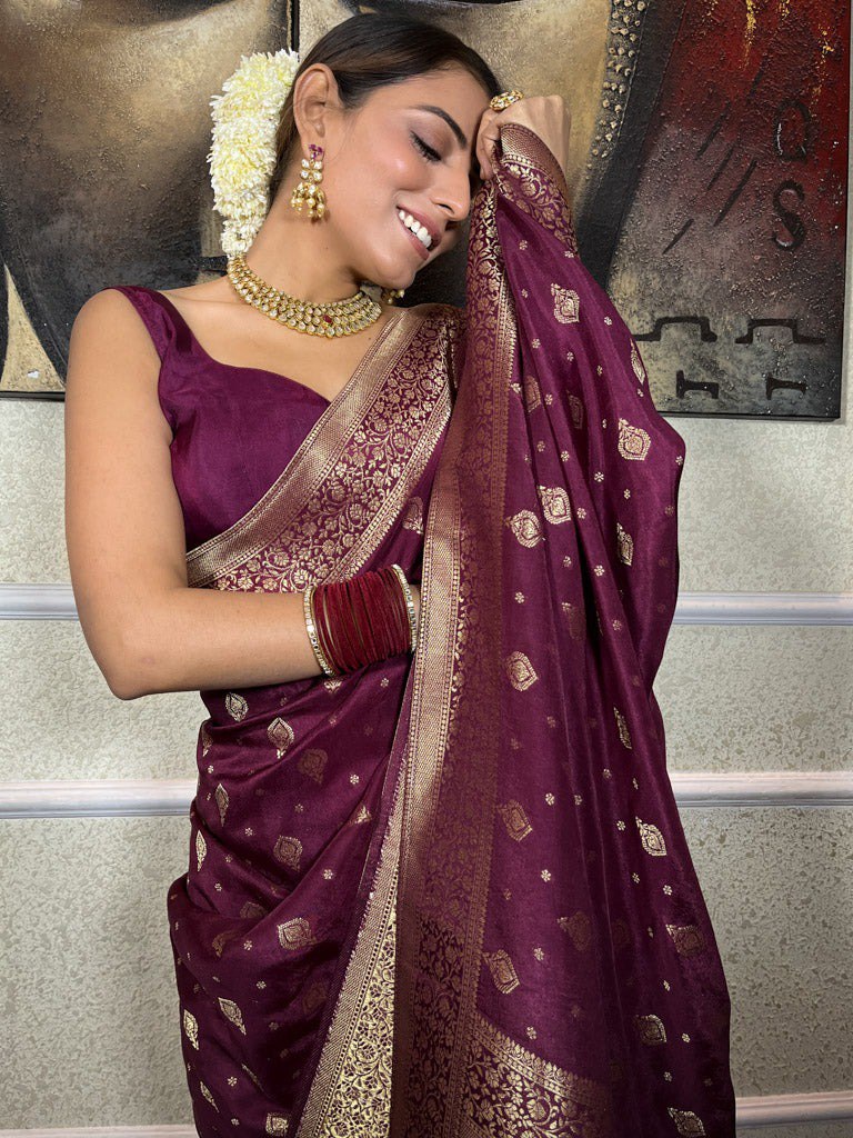 Moisey Wine Banarasi Silk Saree With Amazing Blouse Piece