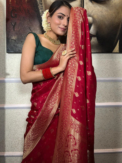 Moisey Red Banarasi Silk Saree With Amazing Blouse Piece