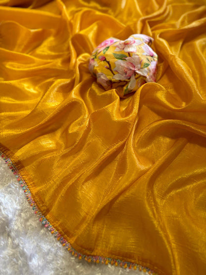 Extravaganza Yellow Chinon Fabric Saree Rainbow🌈 Designer Lace With Blouse (Copy)