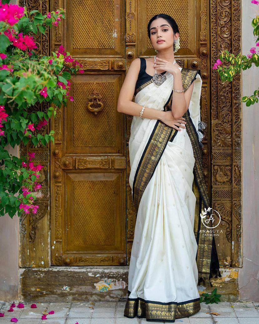 White Goldi 2 Pure Soft Silk Sari With Attached Blouse