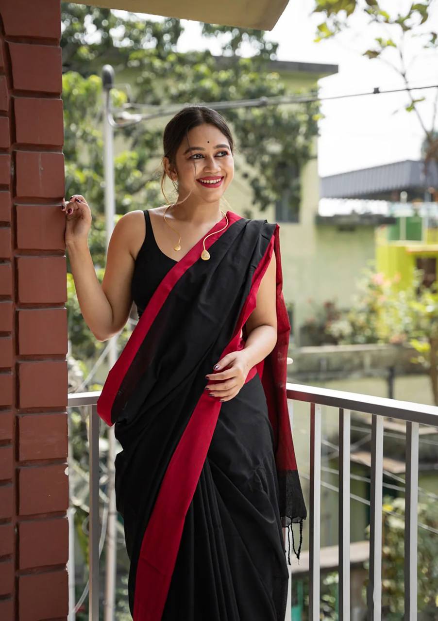 NIMIT Reddish Black Soft Linen Slub Saree With Mesmorising Blouse