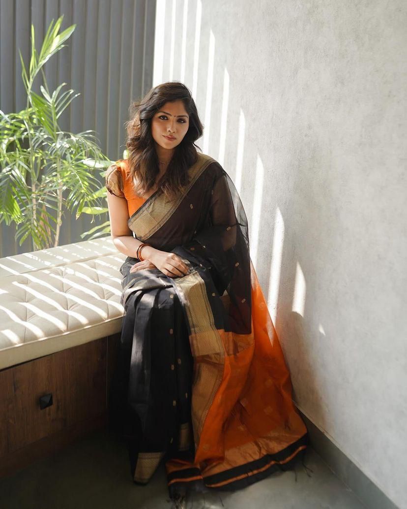 Ethnic Black-Orange Pure Cotton Silk Cotton (Handloom)