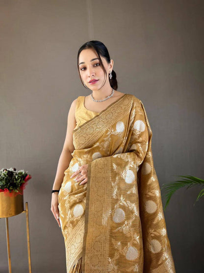 Orvi Mustrad Soft Banarasi Silk Saree With Imaginative Blouse Piece