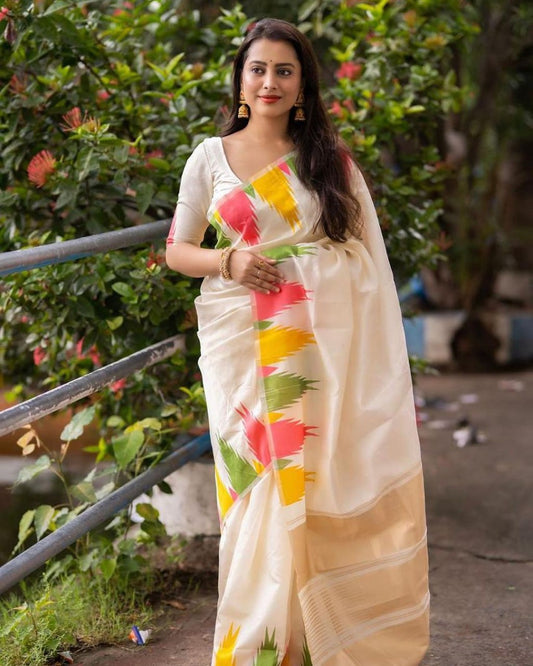 Minjyauu White  Soft Silk Saree With Attached Blouse