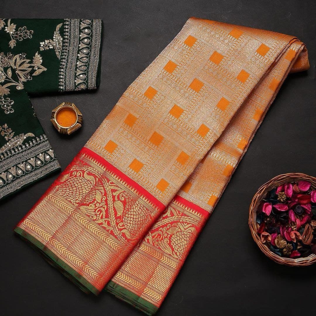 Anvi Mustard Yellow-Red Kanchipuram silk sari With Suitable Attached Blouse