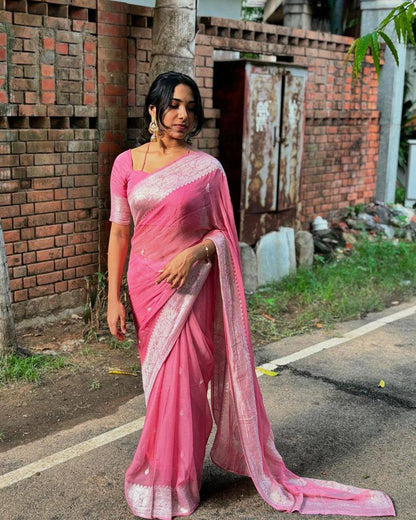 Beauteous OnionPink Soft Cotton Silk Saree With especial Blouse Attached