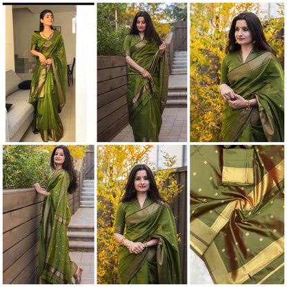 Beauteous Pistachio Green Soft Cotton Silk Saree With especial Blouse Attached