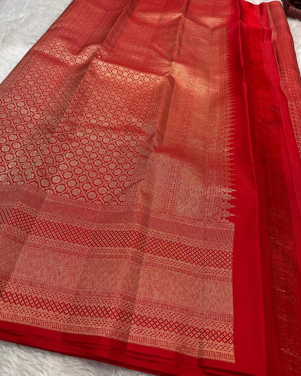 Aruna – Bridal Red Banarasi Soft Silk Saree with Allover Zari Weave &amp; Grand Border