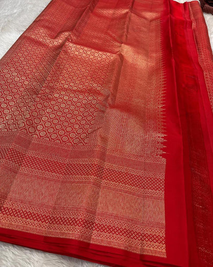 Aruna – Bridal Red Banarasi Soft Silk Saree with Allover Zari Weave &amp; Grand Border