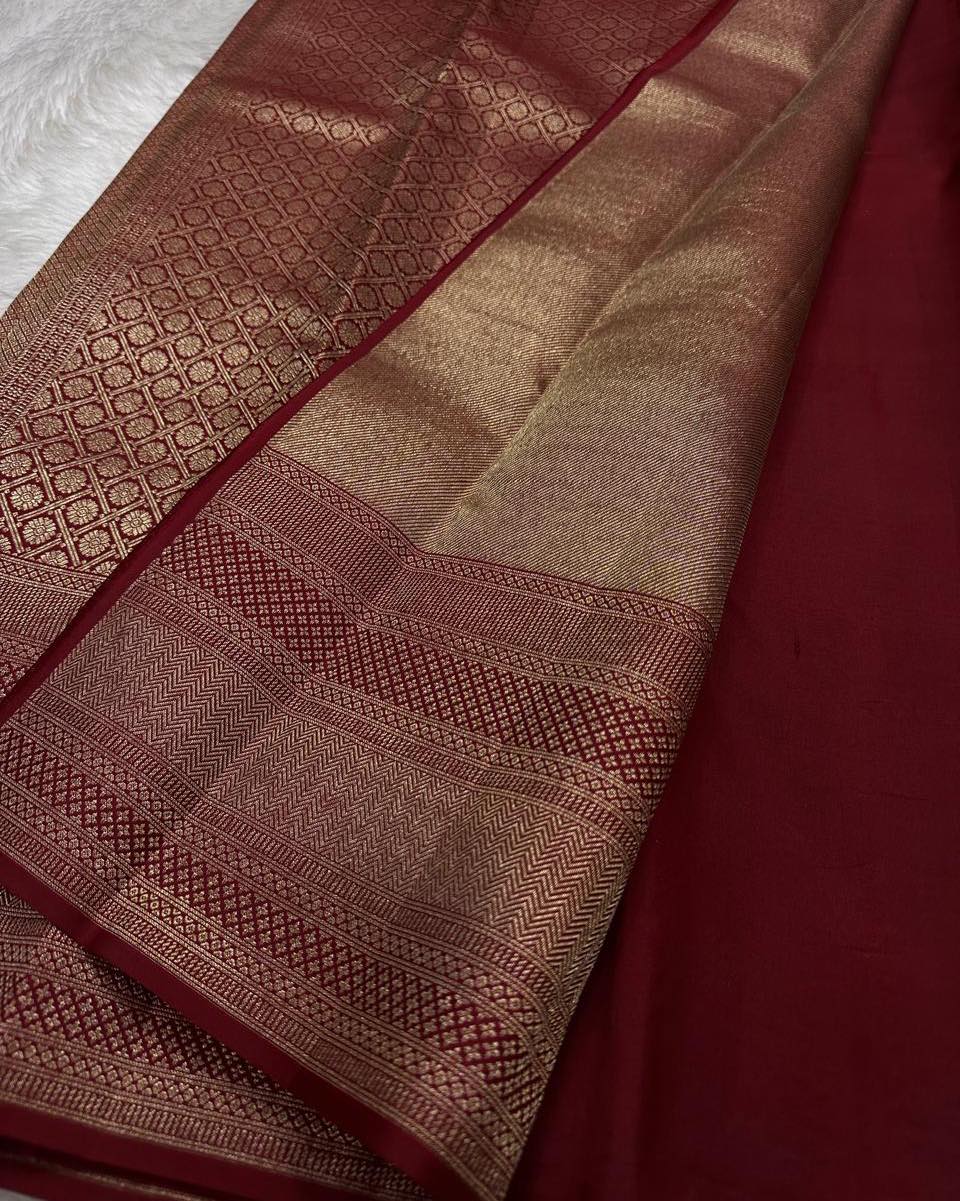 Meenal – Deep Maroon Banarasi Soft Silk Saree with Allover Zari Weave &amp; Classic Border
