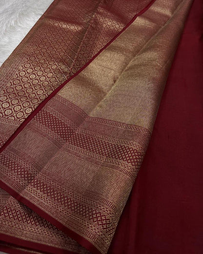 Meenal – Deep Maroon Banarasi Soft Silk Saree with Allover Zari Weave &amp; Classic Border