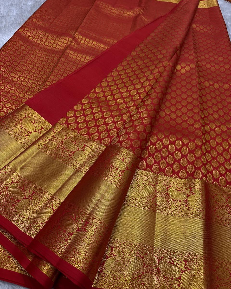 Shruti – Vermilion Red Banarasi Soft Silk Saree with Gold Butti &amp; Regal Peacock Border