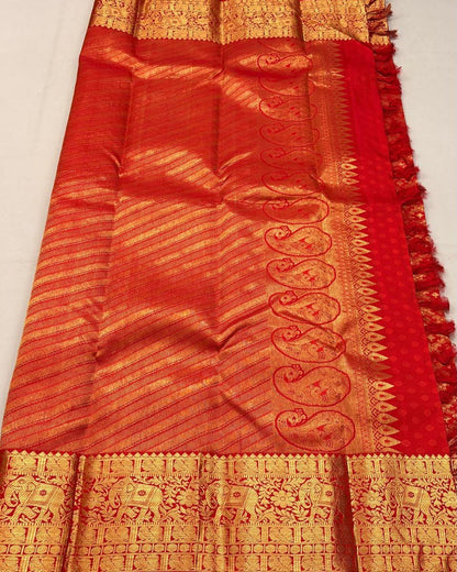 Bhairavi – Temple Red Banarasi Soft Silk Saree with Elephant Zari Border &amp; Paisley Pallu