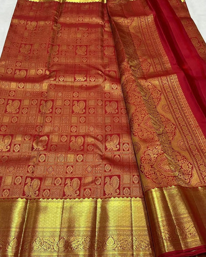 Uma – Vermilion Red Banarasi Soft Silk Saree with Peacock Zari Checks &amp; Grand Floral Pallu