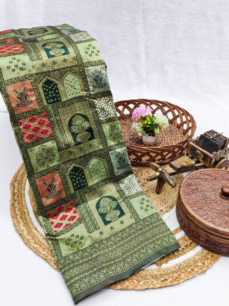 Sabita – Olive Green Banarasi Soft Silk Saree with Patchwork Zari Weave &amp; Rich Pallu