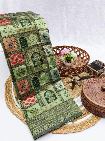 Sabita – Olive Green Banarasi Soft Silk Saree with Patchwork Zari Weave &amp; Rich Pallu