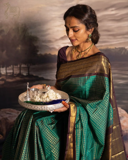 Pushpa – Emerald Green Banarasi Soft Silk Saree with Gold Checks &amp; Contrast Zari Border