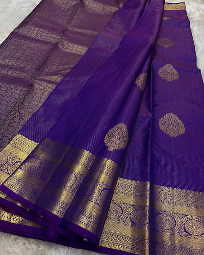 Ayushi – Purple Banarasi Soft Silk Saree with Gold Zari Butti &amp; Heritage Border