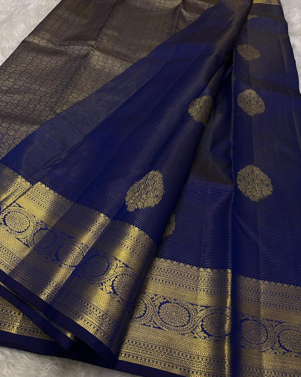 Ayushi – Royal Blue Banarasi Soft Silk Saree with Gold Zari Butti &amp; Classic Border