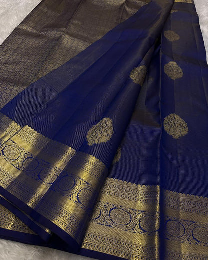Ayushi – Royal Blue Banarasi Soft Silk Saree with Gold Zari Butti &amp; Classic Border