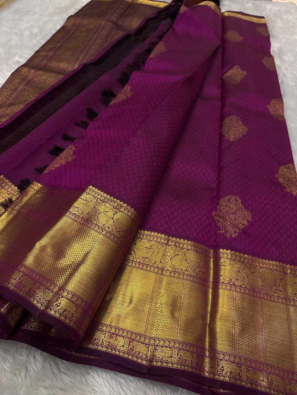 Dakshayani – Rani Pink Banarasi Soft Silk Saree with Gold Zari Butti &amp; Temple Border