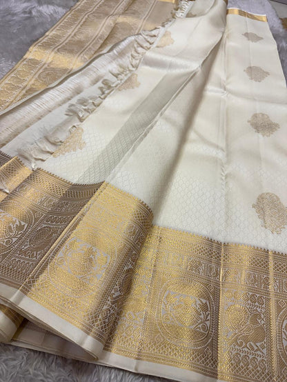 Dakshayani – Off White Banarasi Soft Silk Saree with Gold Zari Butti &amp; Grand Border
