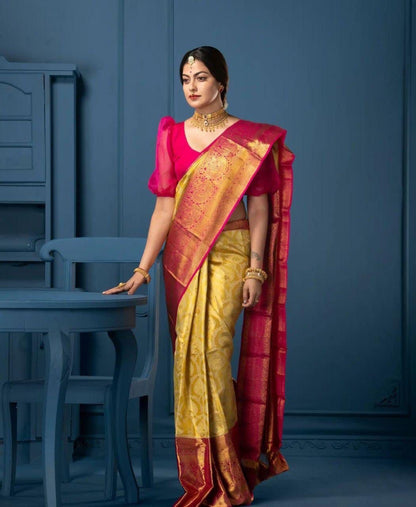 Vrishali Yellow Soft Silk Saree With Attached Blouse