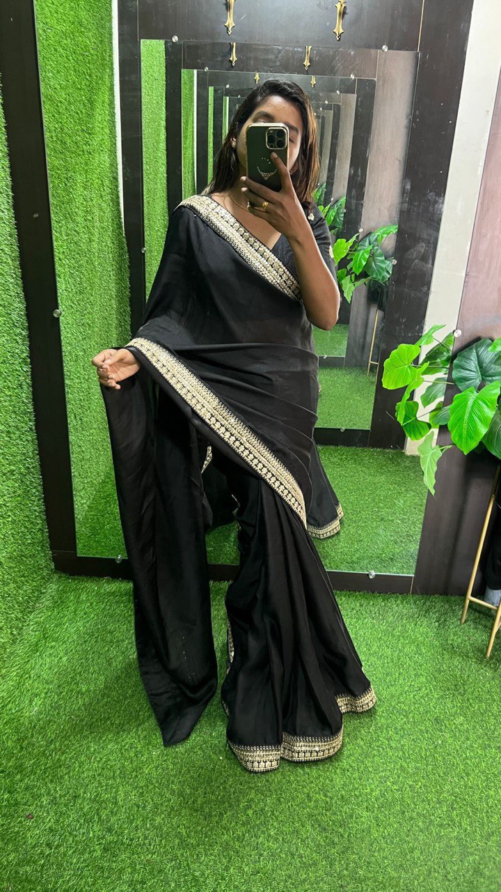 Breathtaking  Black Embroidery Work Soft Silk Saree With Demanding Stiched-Blouse Piece