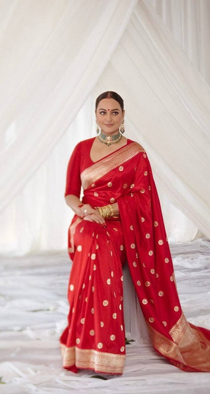 Sonakshi Crimson Red Banarasi Silk Saree WIth Fabulouse Blouse Piece