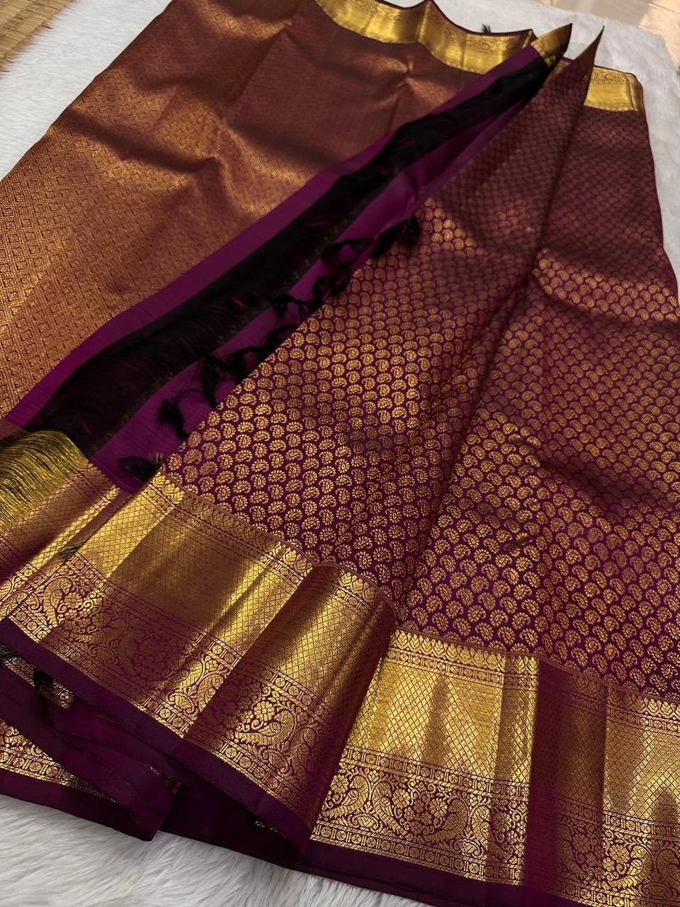 Kalpita – Wine Purple Banarasi Soft Silk Saree with Classic Zari Butti &amp; Rich Border