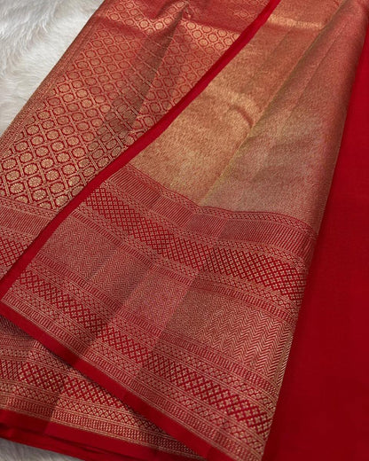 Aruna – Bridal Red Banarasi Soft Silk Saree with Allover Zari Weave &amp; Grand Border
