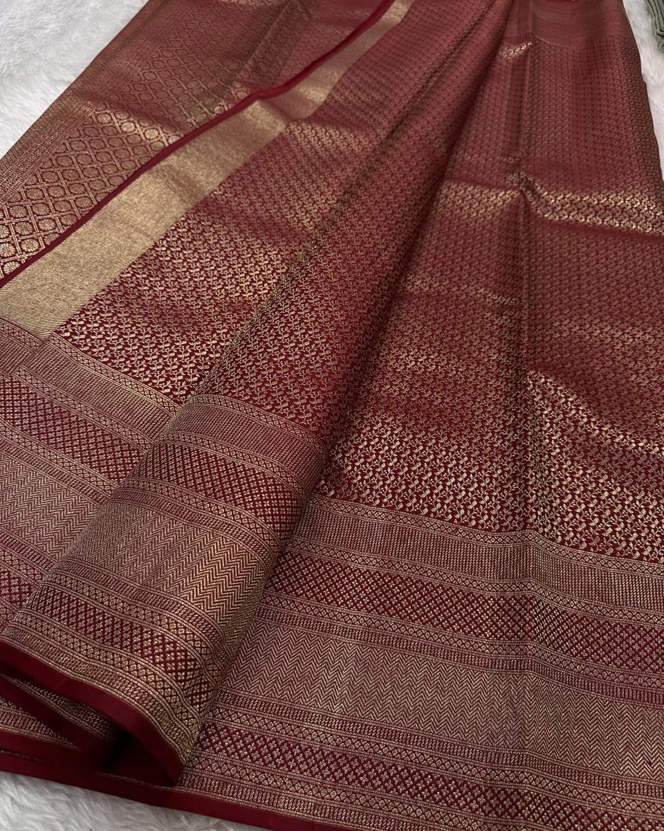 Meenal – Deep Maroon Banarasi Soft Silk Saree with Allover Zari Weave &amp; Classic Border