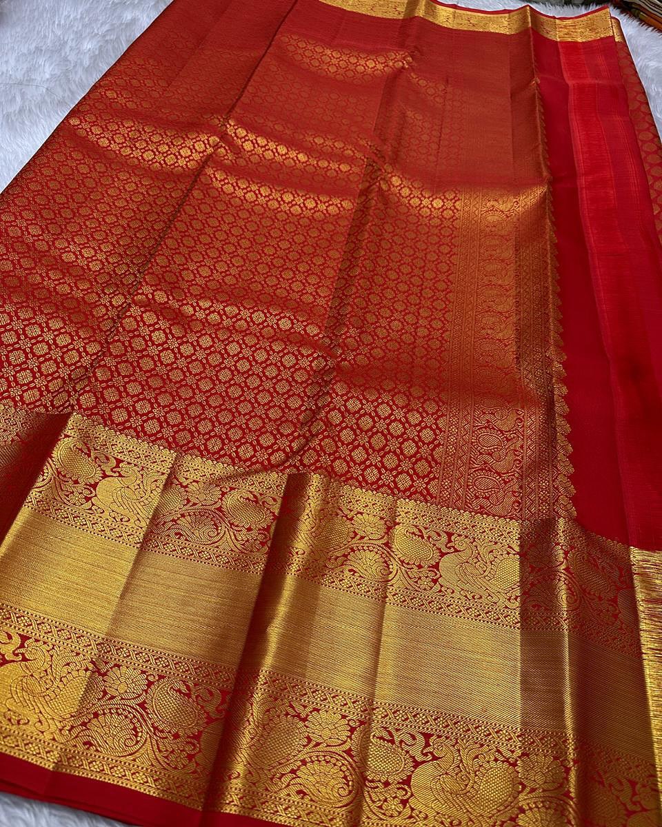Shruti – Vermilion Red Banarasi Soft Silk Saree with Gold Butti &amp; Regal Peacock Border