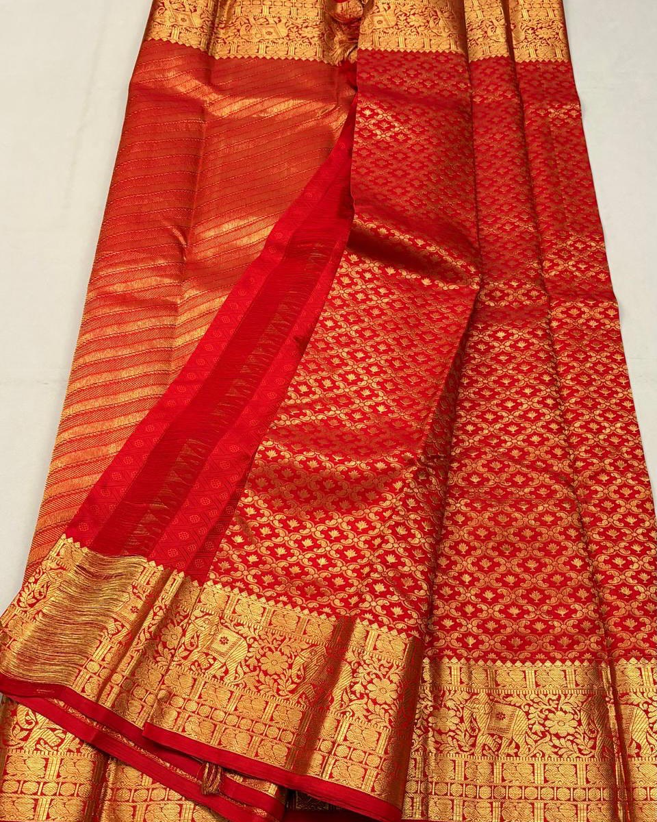 Bhairavi – Temple Red Banarasi Soft Silk Saree with Elephant Zari Border &amp; Paisley Pallu