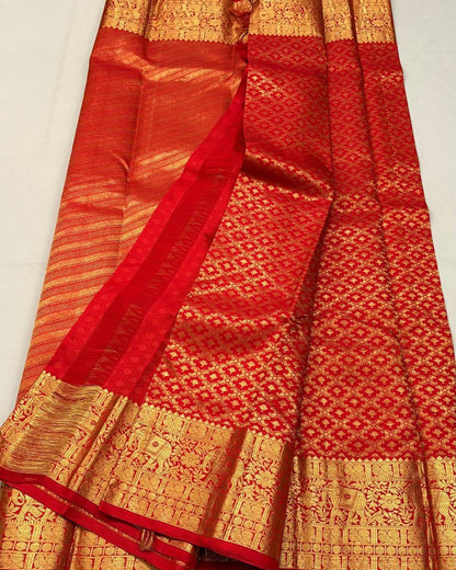 Bhairavi – Temple Red Banarasi Soft Silk Saree with Elephant Zari Border &amp; Paisley Pallu