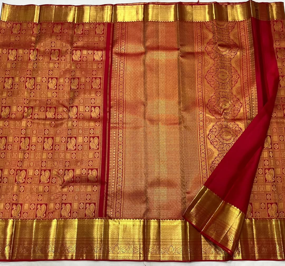 Uma – Vermilion Red Banarasi Soft Silk Saree with Peacock Zari Checks &amp; Grand Floral Pallu