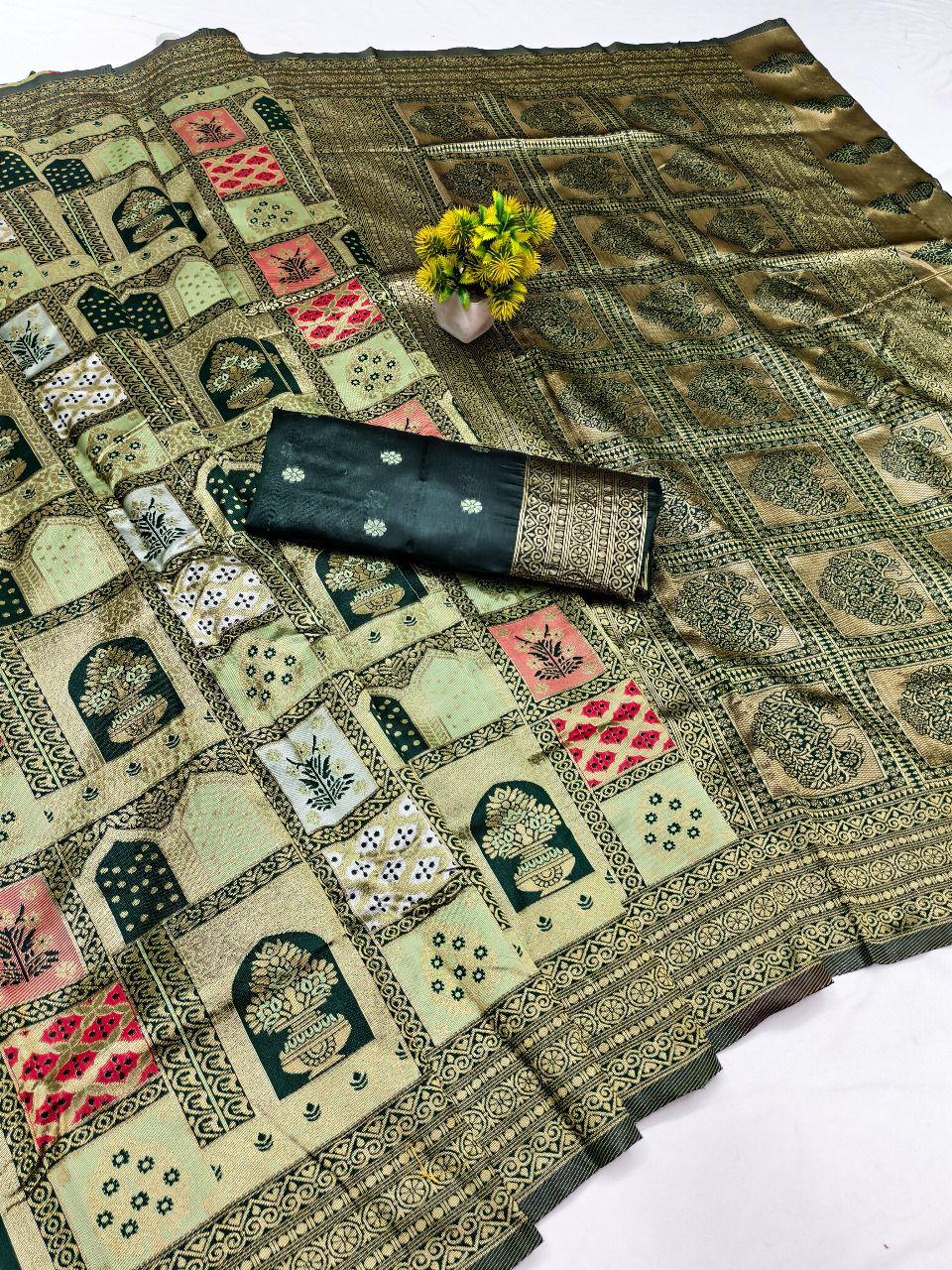 Sabita – Olive Green Banarasi Soft Silk Saree with Patchwork Zari Weave &amp; Rich Pallu