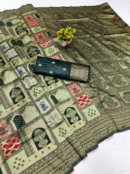 Sabita – Olive Green Banarasi Soft Silk Saree with Patchwork Zari Weave &amp; Rich Pallu