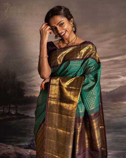 Pushpa – Emerald Green Banarasi Soft Silk Saree with Gold Checks &amp; Contrast Zari Border