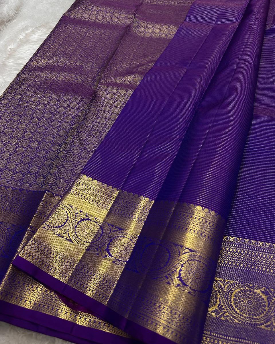 Ayushi – Purple Banarasi Soft Silk Saree with Gold Zari Butti &amp; Heritage Border