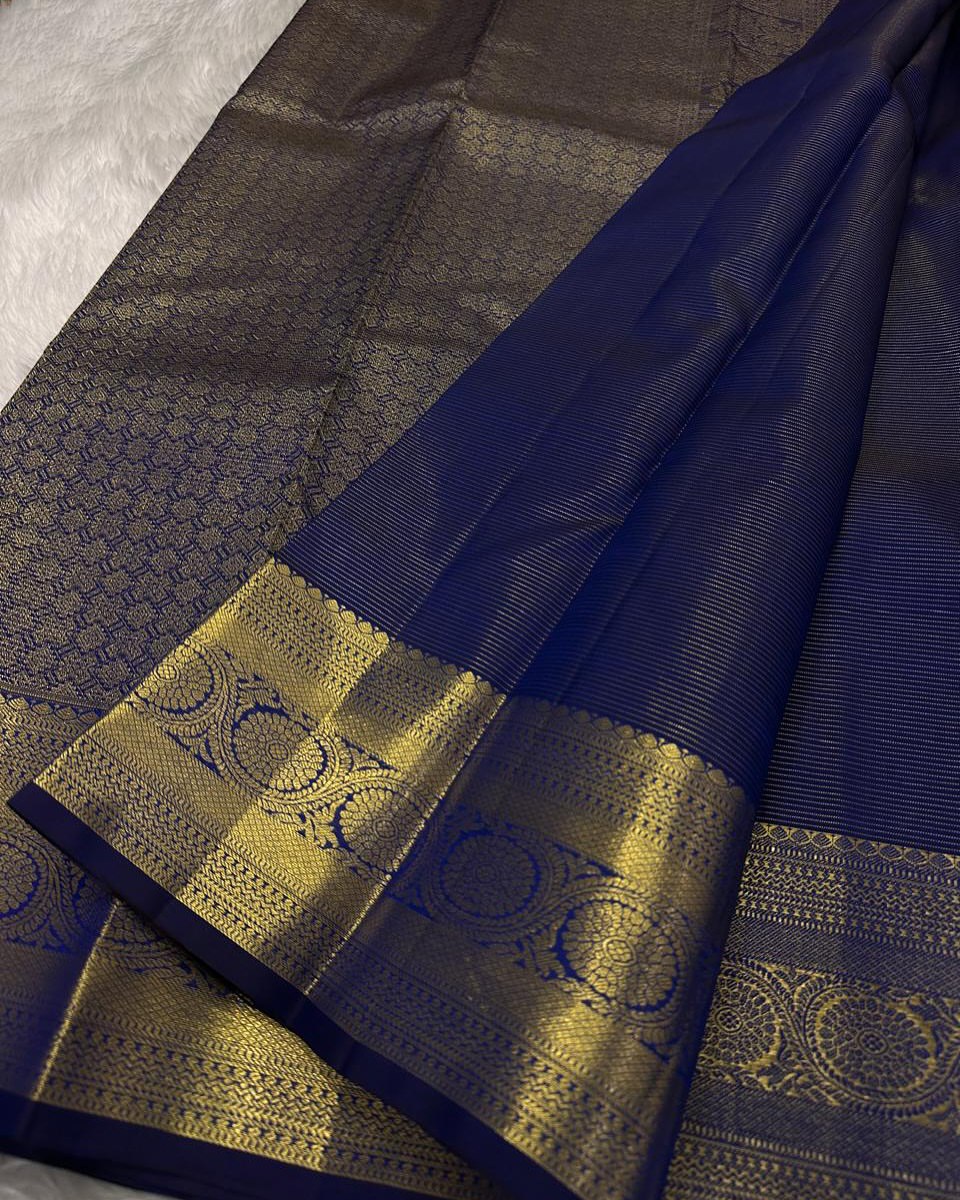 Ayushi – Royal Blue Banarasi Soft Silk Saree with Gold Zari Butti &amp; Classic Border
