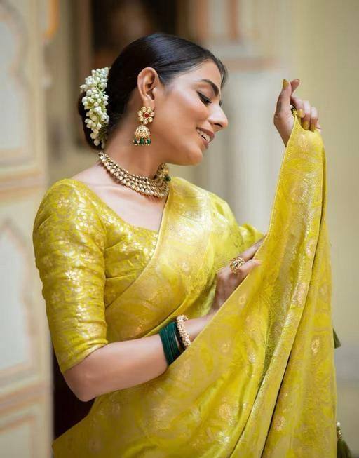 Hema Yellow Banarasi Silk Saree WIth Fabulouse Blouse Piece