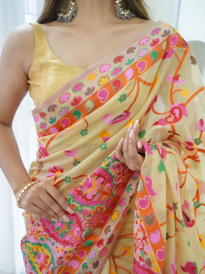 Mahira OffWhite Cotton Woven Kashmiri Saree