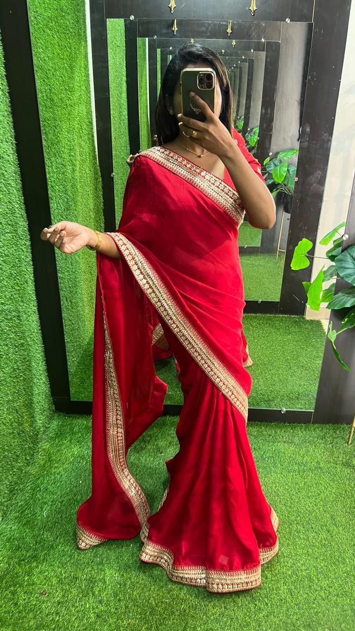 Breathtaking RED Embroidery Work Soft Silk Saree With Demanding Stiched-Blouse Piece