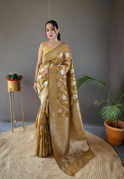 Orvi Mustrad Soft Banarasi Silk Saree With Imaginative Blouse Piece