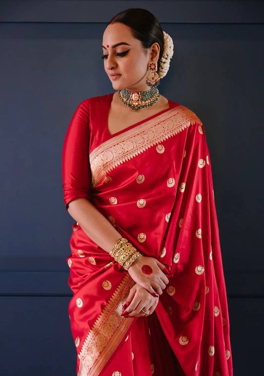 Sonakshi Crimson Red Banarasi Silk Saree WIth Fabulouse Blouse Piece