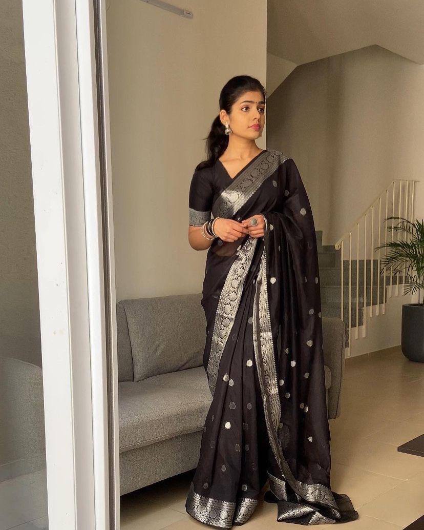 Beauteous Black Soft Cotton Silk Saree With especial Blouse Attached